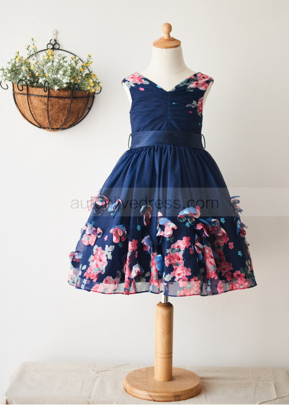 Navy Blue Printed Floral Chiffon Wedding Flower Girl Dress Navy Blue Printed Floral Chiffon Wedding Flower Girl Dress